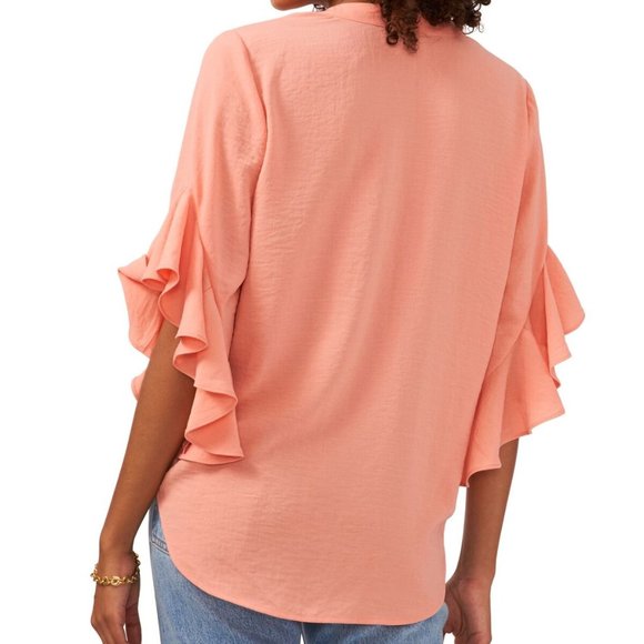 VINCE CAMUTO Womens Ruffle Sleeve Split Neck Blouse in Canyon Coral - Picture 2 of 2